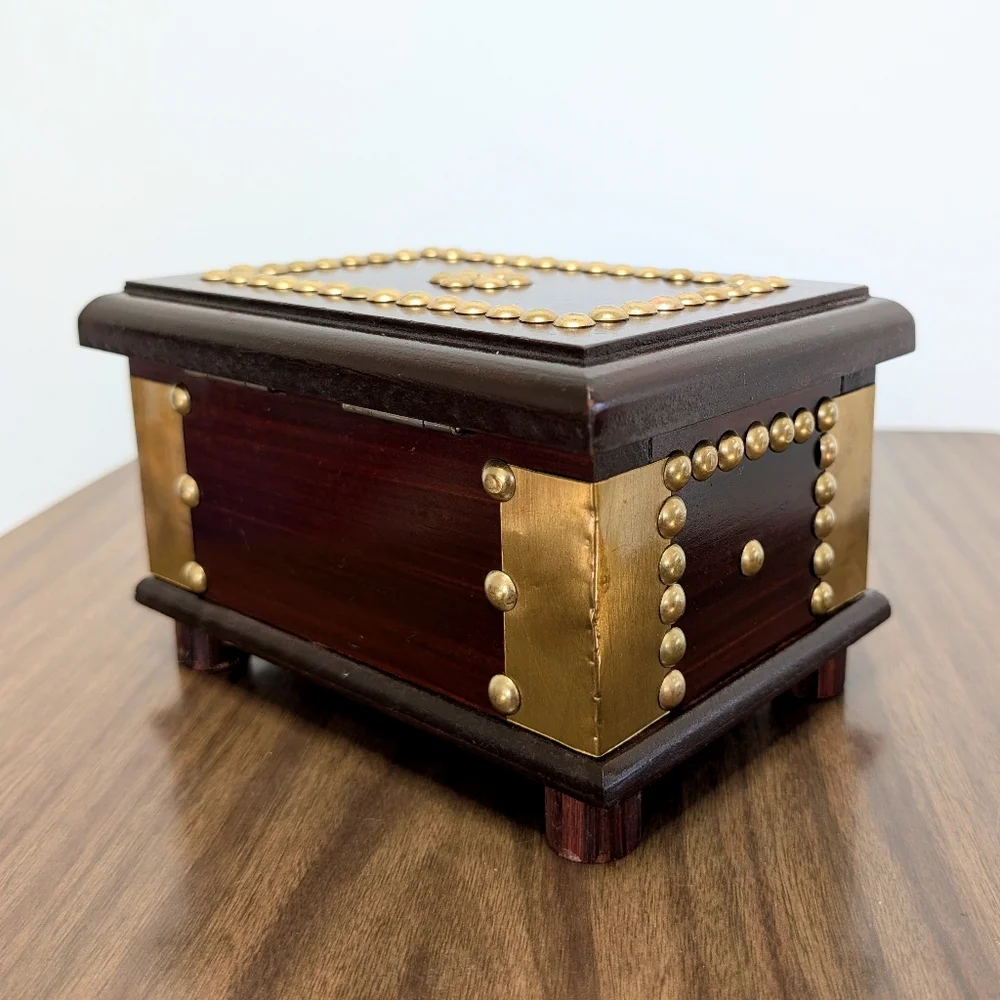 Vintage Dark Red Brown Mahogany Color Wooden Box With Gold Tone Brass Details